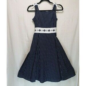 Rare Editions Girls Size 14 Navy Blue Polka Dot Dress Eyelet Trim Tie Back Flare
